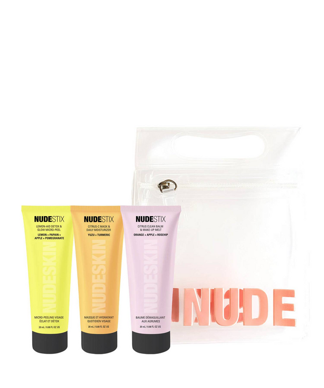 3-Step Citrus Renew Set Nudestix: Lemon-Aid Detox &amp; Glow, Paraben-Free, Anti-Dullnes, Peeling Lotion, 20 ml + Nudeskin Citrus-C, Moisturizing, Cream Mask, For Face, 20 ml + Nudeskin, Citrus, Cleansing Balm, For Face, 20 ml