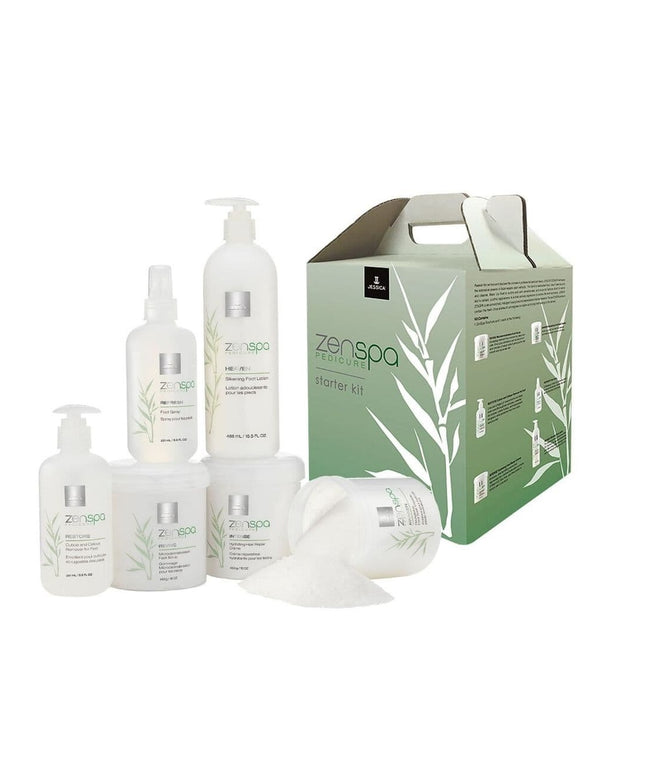 Starter Kit Set Jessica: ZenSpa Revive, Volcanic Pumice, Exfoliating, Foot Scrub, 435 g + ZenSpa Restore, Aloe Vera, Cuticle Remover Gel, 251 ml + ZenSpa Intense, Vitamin E, Moisturizing, Foot Cream, 425 g + ZenSpa Awaken, Soothing, Foot Bath Salt, 453 g