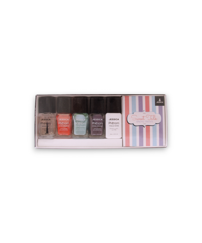 Sweet Talk Set Jessica: Phenom Vivid Colour, Nail Polish, PHEN-079, U Had Me At Hello, 14 ml + Phenom Vivid Colour, Nail Polish, PHEN-080, Smooth Talker, 14 ml + Phenom Vivid Colour, Top Coat, Nail Polish, PHEN-000, Finale Shine, 15 ml + Phenom Vivid Col