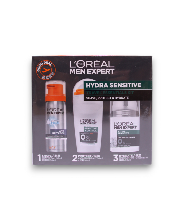 Travel Set L&#x27;Oreal Paris: Men Expert, Alcohol-Free, Hydrating &amp; Regenerating, Day &amp; Night, Cream, For Face, 50 ml + Men Expert, Alcohol-Free, Anti-Sweat, Deodorant Roll-On, For Men, 50 ml + Men Expert, Glycerin, Against Irritation, Shaving F