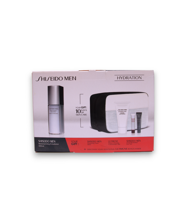 Gift Set Shiseido: Men, Moisturizing, Emulsion, For Face, 100 ml + Men, Cleansing, Cleansing Foam, 30 ml + Ultimune, Antioxidants, Hydrating &amp; Repairing, Day &amp; Night, Serum, For Face &amp; Neck, 5 ml + Men, Toiletry, GWP Textile Pouch + Men, Anti