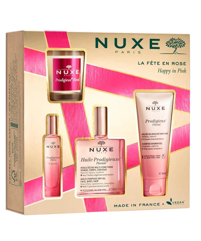 Set Nuxe: Prodigieux Floral, Scented Candle, 70 g + Prodigieux Floral, Shower Gel, All Over The Body, For All Skin Types, 100 ml + Prodigieux Floral Le Parfum, Eau De Parfum, For Women, 15 ml *Miniature + Huile Prodigieuse Multi-Purpose Floral, Body Oil,