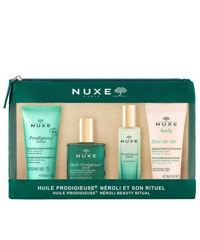 Travel Set Nuxe: Prodigieux Neroli, Shower Gel, All Over The Body, For All Skin Types, 30 ml + Prodigieux Neroli, Eau De Parfum, For Women, 15 ml *Miniature + Reve de The, Vegan, Revitalising, Body Scrub, 30 ml + Huile Prodigieuse Multi-Purpose Neroli, B