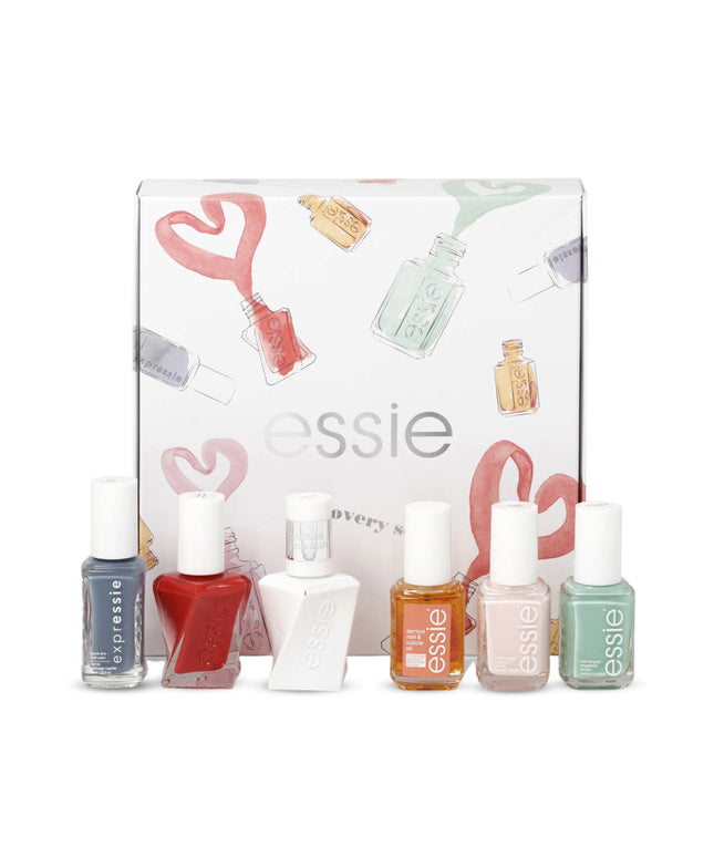 Discovery Set Essie: Nail Enamel, Vegan, Glossy Shine Finish, Nail Polish, 99, Mint Candy Apple, 13.5 ml + Expressie Air Dry, Nail Polish, 13.5 ml + Gel Couture, Nail Polish, Rock the Runway, 13.5 ml + Essie, Nail Polish, Ballet Slippers, 13.5 ml + Gel C