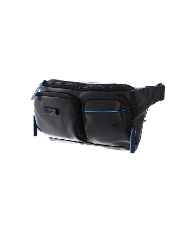 Piquadro, Blue Square, Genuine Leather, Textile Fanny Pack, Toiletry, CA5578B2V, Black, 32x14x7 cm, For Men