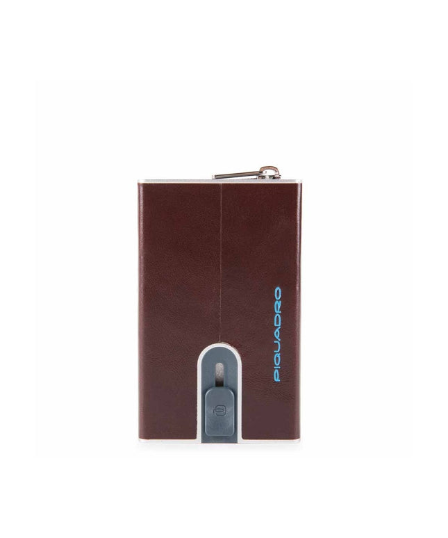 Piquadro, Blue Square, Leather Card Holder, Square Sliding System with Zipped Coin Pocket, PP5359B2R-MO, Mahogany, For Men