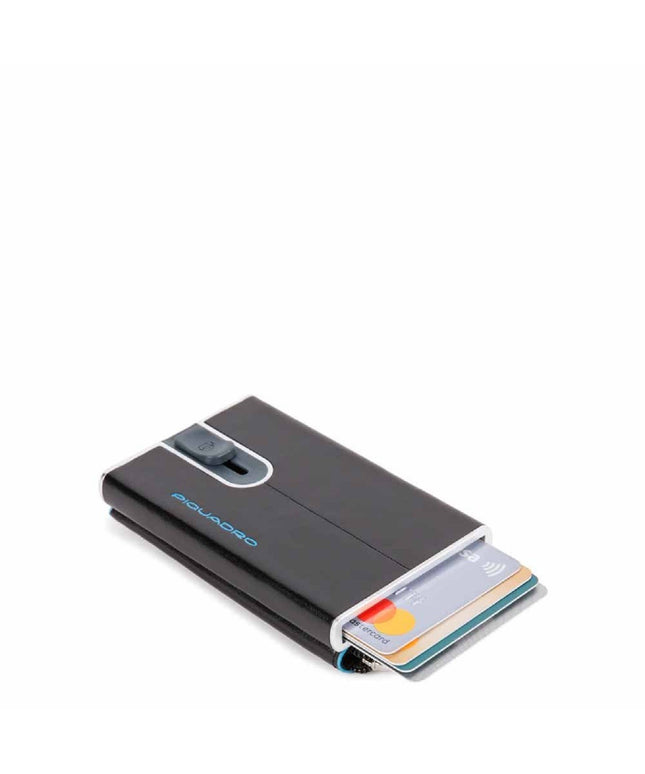 Piquadro, Blue Square, Leather Card Holder, Square Sliding System with Zipped Coin Pocket, PP5359B2R-N, Black, For Men