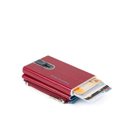 Piquadro, Blue Square, Leather Card Holder, Square Sliding System with Zipped Coin Pocket, PP5359B2R-R, Red, For Men