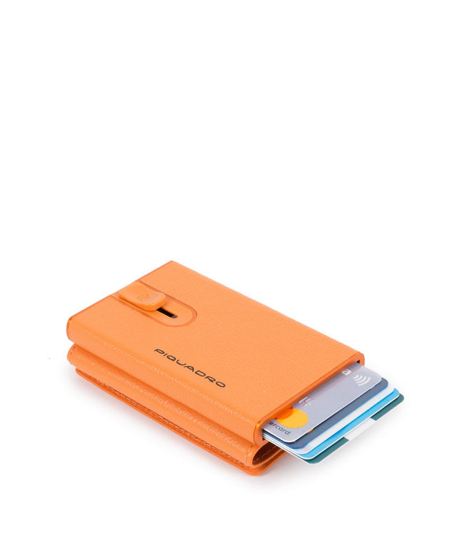 Piquadro, Blue Square, Leather Card Holder, Square Sliding System with Compact for Banknotes, PP4891EMR/AR, Orange, For Men