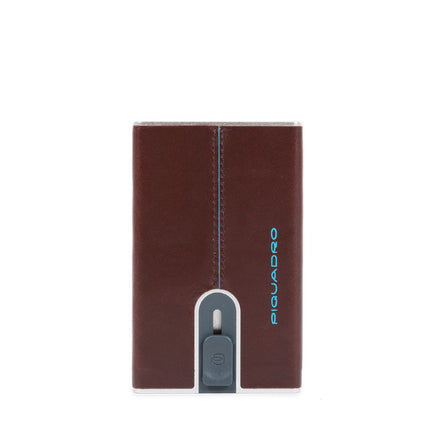 Piquadro, Blue Square, Leather Card Holder, Square Sliding System with Money Clip, PP5358B2R, Mahogany, For Men