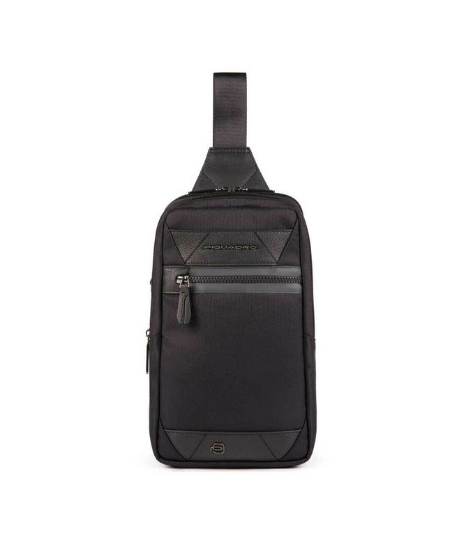 Piquadro, Trakai, Leather &amp; Fabric, Mono Sling, Textile Crossbody Bag, Black, 42021990, 31 x 18 x 7 cm, For Men