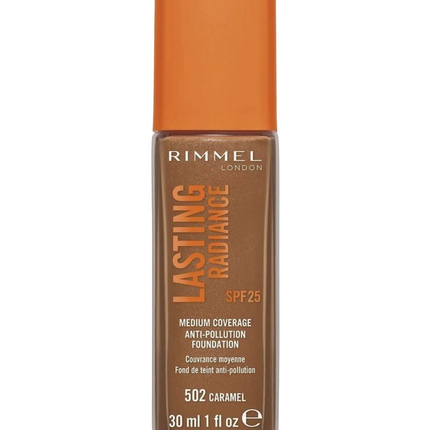 Rimmel London, Lasting Radiance, Natural Medium Coverage, Liquid Foundation, 502, Caramel, SPF 25, 30 ml