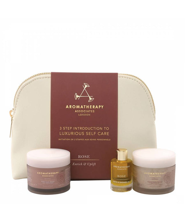 3 Step Introduction To Luxurious Self-Care Set Aromatherapy Associates: Rose, Enrich and Uplift, Shower Oil, 50 ml + Rose, Exfoliating Scrub, 50 ml + Rose, Enrich and Uplift, Clay Mask, 50 ml