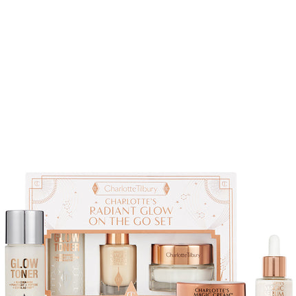 Radiant Glow On The Go Set Set Charlotte Tilbury: Magic, Hyaluronic Acid, Illuminating, Cream, For Face, 15 ml + Magic, Moisturizing &amp; Plumping, Serum, For Face, 8 ml + Glow, Exfoliating, Cleansing Toner, 30 ml