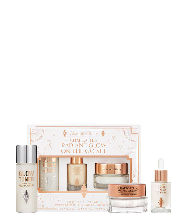 Radiant Glow On The Go Set Set Charlotte Tilbury: Magic, Hyaluronic Acid, Illuminating, Cream, For Face, 15 ml + Magic, Moisturizing &amp; Plumping, Serum, For Face, 8 ml + Glow, Exfoliating, Cleansing Toner, 30 ml