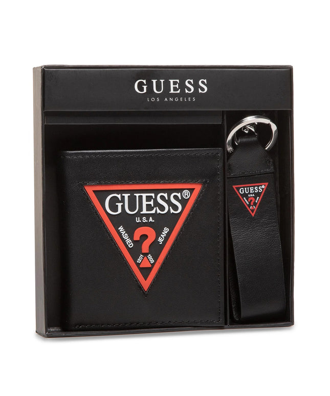 Set Guess: Guess, Leather Keyring, Black + Daelon, Leather Wallet, Small Billfold, Red/Black, For Men