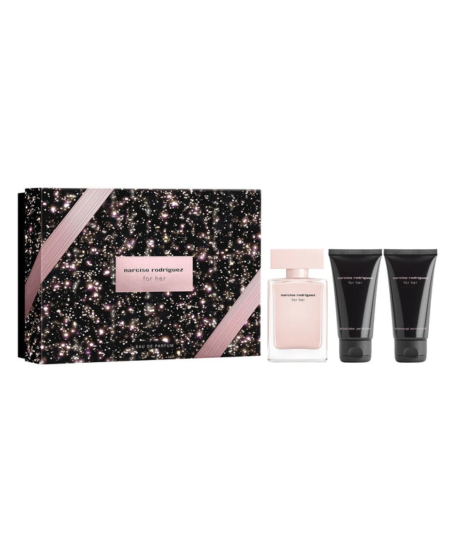 Set Narciso Rodriguez: For Her, Eau De Parfum, For Women, 50 ml + For Her, Hydrating, Body Lotion, 50 ml + For Her, Cleansing, Shower Gel, All Over The Body, For All Skin Types, 50 ml