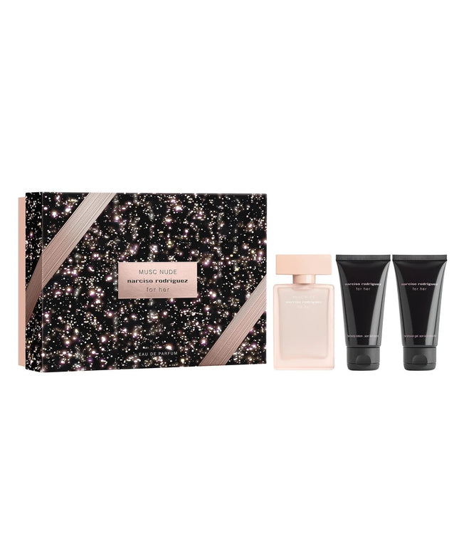 Set Narciso Rodriguez: For Her Musc Nude, Eau De Parfum, For Women, 50 ml + For Her Musc Nude, Hydrating, Body Lotion, 50 ml + For Her Musc Nude, Cleansing, Shower Gel, All Over The Body, For All Skin Types, 50 ml