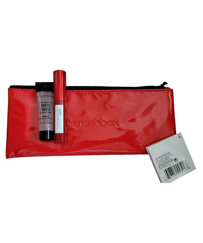 Deluxe Trial Size Set Smashbox: Super Fan, Volumizing, Mascara, Black, 5 ml + Photo Finish, Smoothing, Liquid Primer, 7.1 ml + Textile Makeup Bag, Red