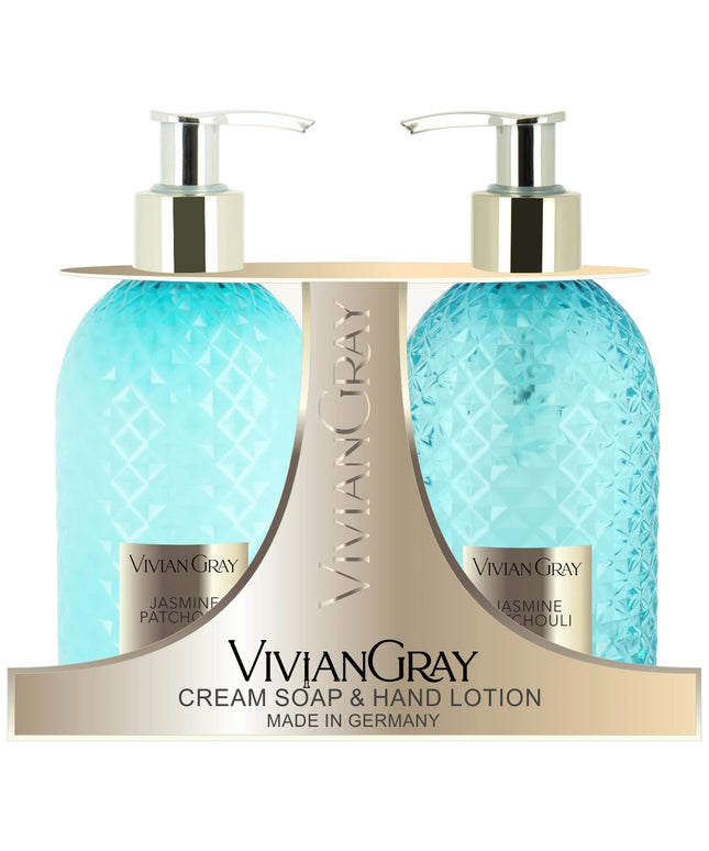 Set Vivian Gray: Gemstone, Jasmine &amp; Patchouli, Cleansing, Liquid Soap, 300 ml + Gemstone, Jasmine &amp; Patchouli, Hydrating, Hand Lotion, 300 ml