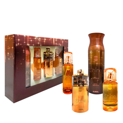 Shine Set Ajmal: Shine, Eau De Parfum, For Women, 75 ml + Shine, Perfumed, Day &amp; Night, Body Lotion, 100 ml + Shine, Hair Scented Mist, For Women, 30 ml + Shine, Perfumed, Deodorant Spray, For Women, 200 ml