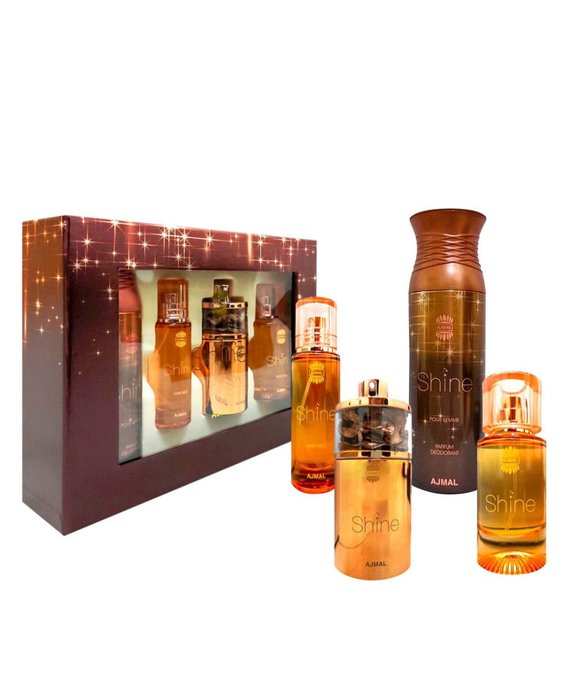 Shine Set Ajmal: Shine, Eau De Parfum, For Women, 75 ml + Shine, Perfumed, Day &amp; Night, Body Lotion, 100 ml + Shine, Hair Scented Mist, For Women, 30 ml + Shine, Perfumed, Deodorant Spray, For Women, 200 ml